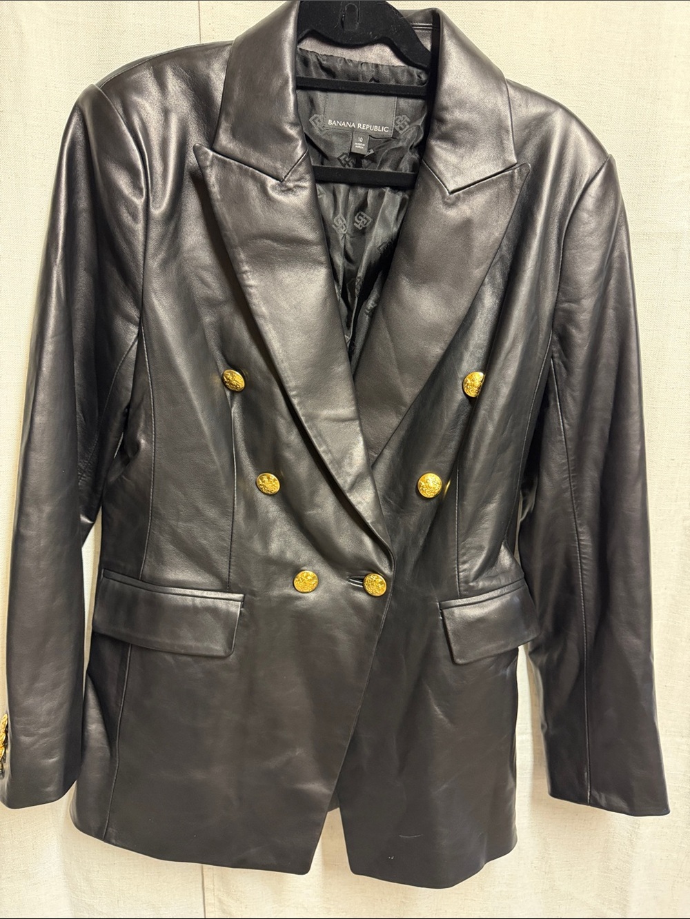 Banana Republic Black Double-Breasted Leather Blazer with Gold Buttons